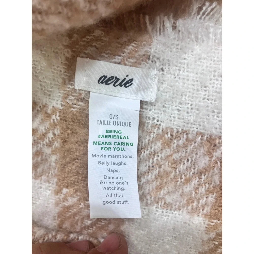 Aerie Tan White Gingham‎ Checkered Oversized Blanket Scarf with Fringe One Size